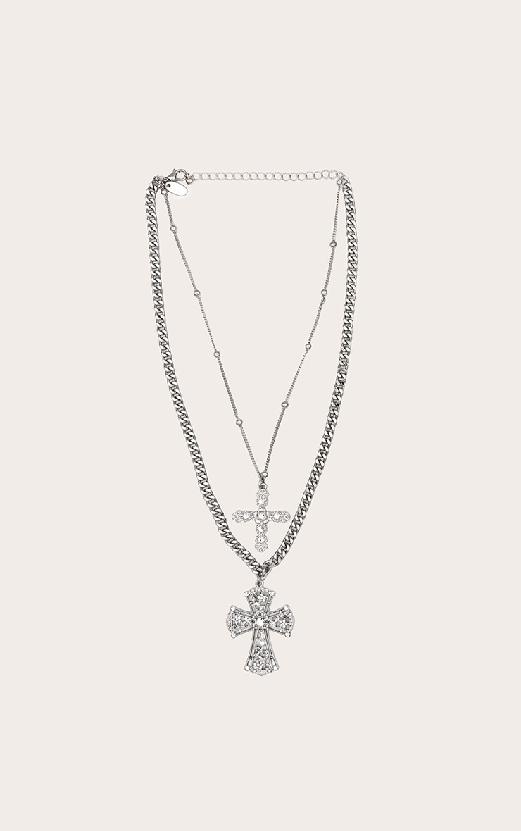 Silver Layered Cross Chunky Chain Necklace image 2