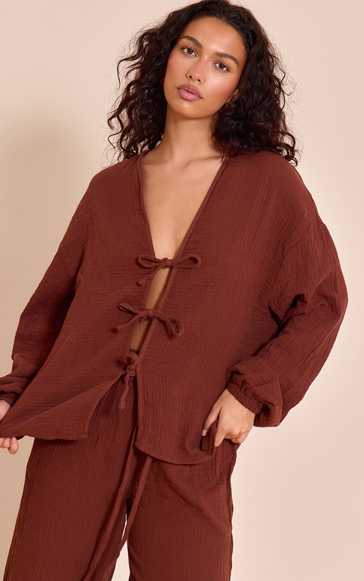 Dark Brown Cheesecloth Textured Tie Front Shirt image 1