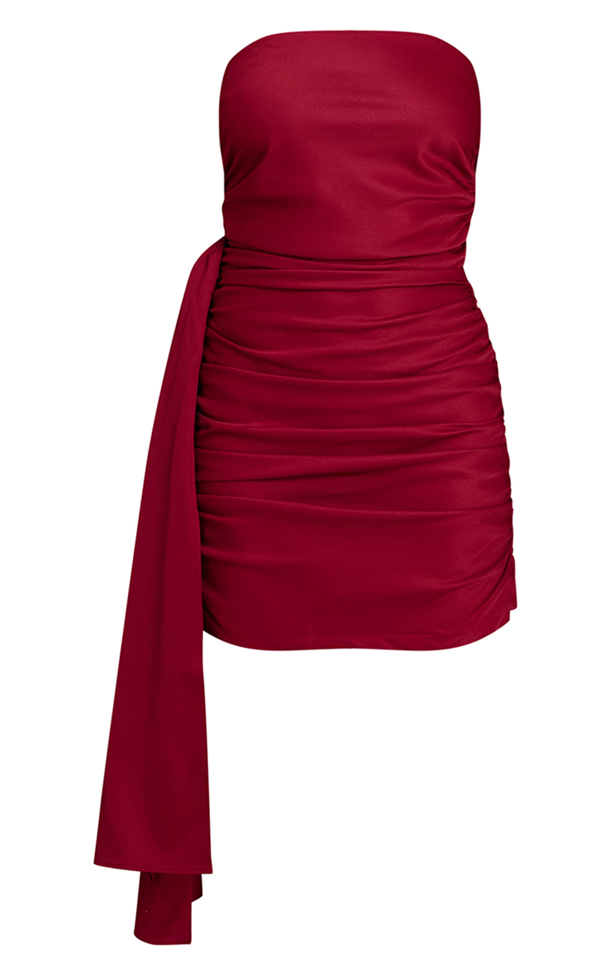 Burgundy Woven Bandeau Ruched Draped Mini dress image 5