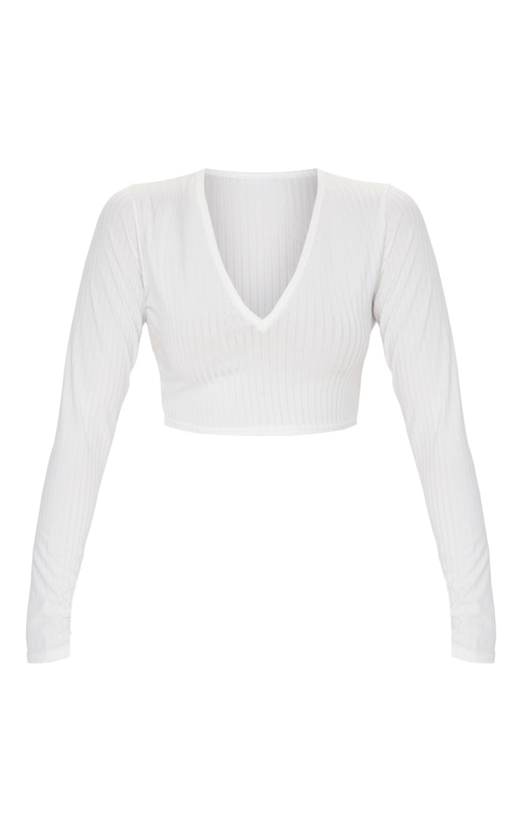 White ribbed v neck long sleeve top clearance