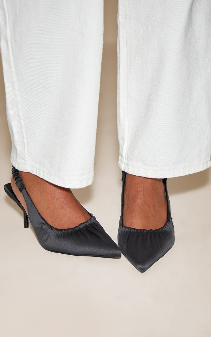 Black Satin Ruched Low Heel Sling Back Court Shoe