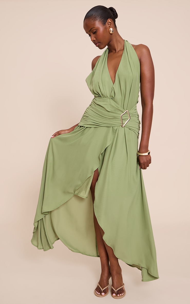 Robe longue en mousseline de soie sauge à décolleté et empiècement image 3