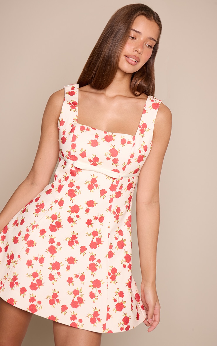 Premium Cream Floral Woven Belt Detail Shift Dress