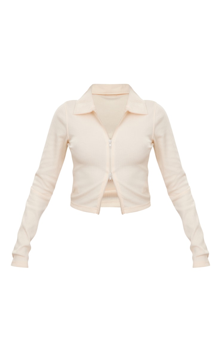 Cream Jumbo Rib Collar Double Zip Top | Tops | PLT USA