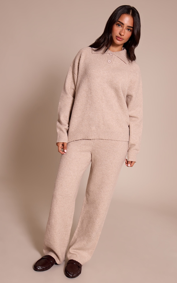 Petite Oatmeal Ribbed Waist Knitted Wide Leg Pants