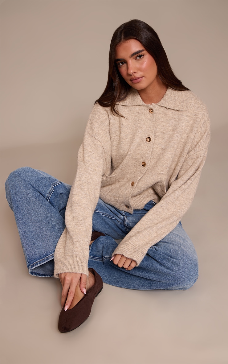 Oatmeal Brushed Knit Collar Cardigan image 3