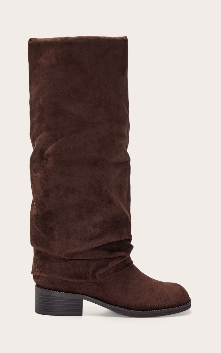 Chocolate Suede Ruched Block Heeled Knee High Boot image 2