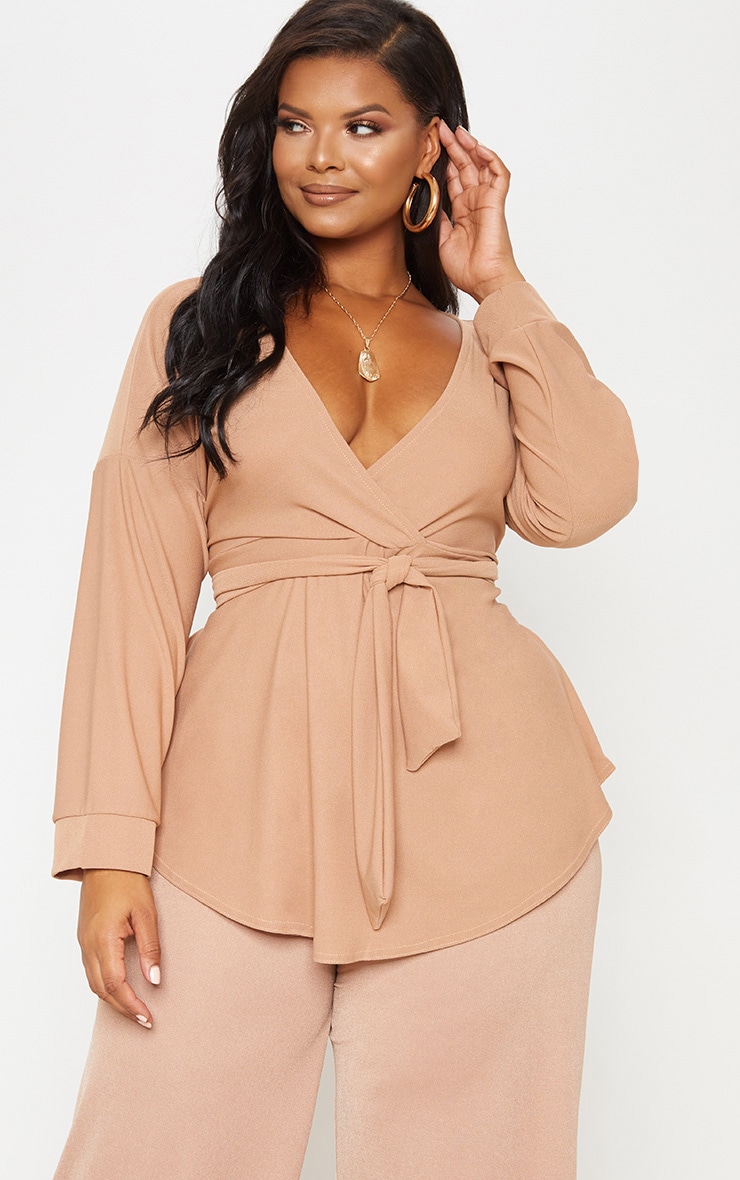 Plus Camel Tie Waist Blouse