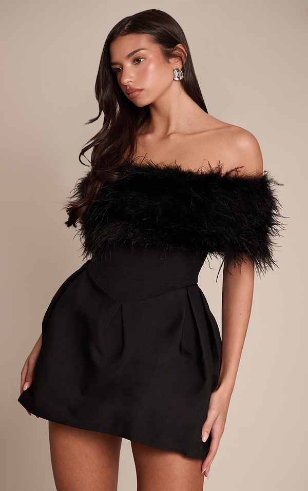Premium Black Woven Feather Bardot Tulip Mini Dress