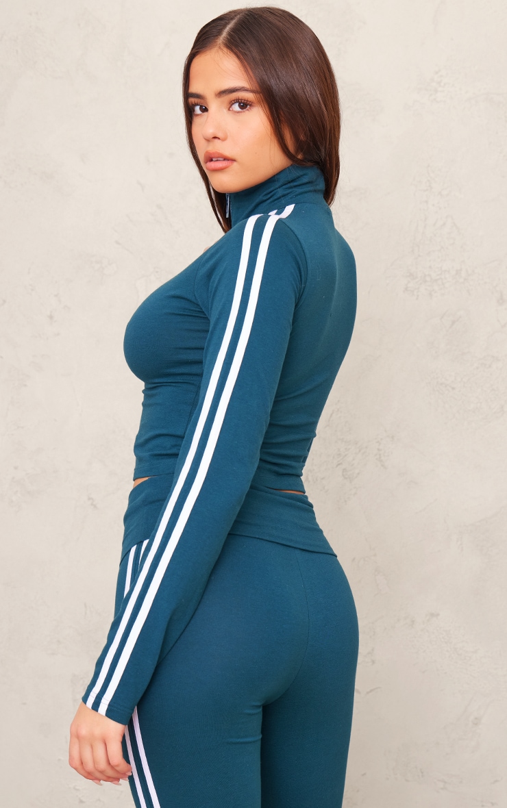 Green Jersey Zip Through Contrast Piping Long Sleeve Top image 2