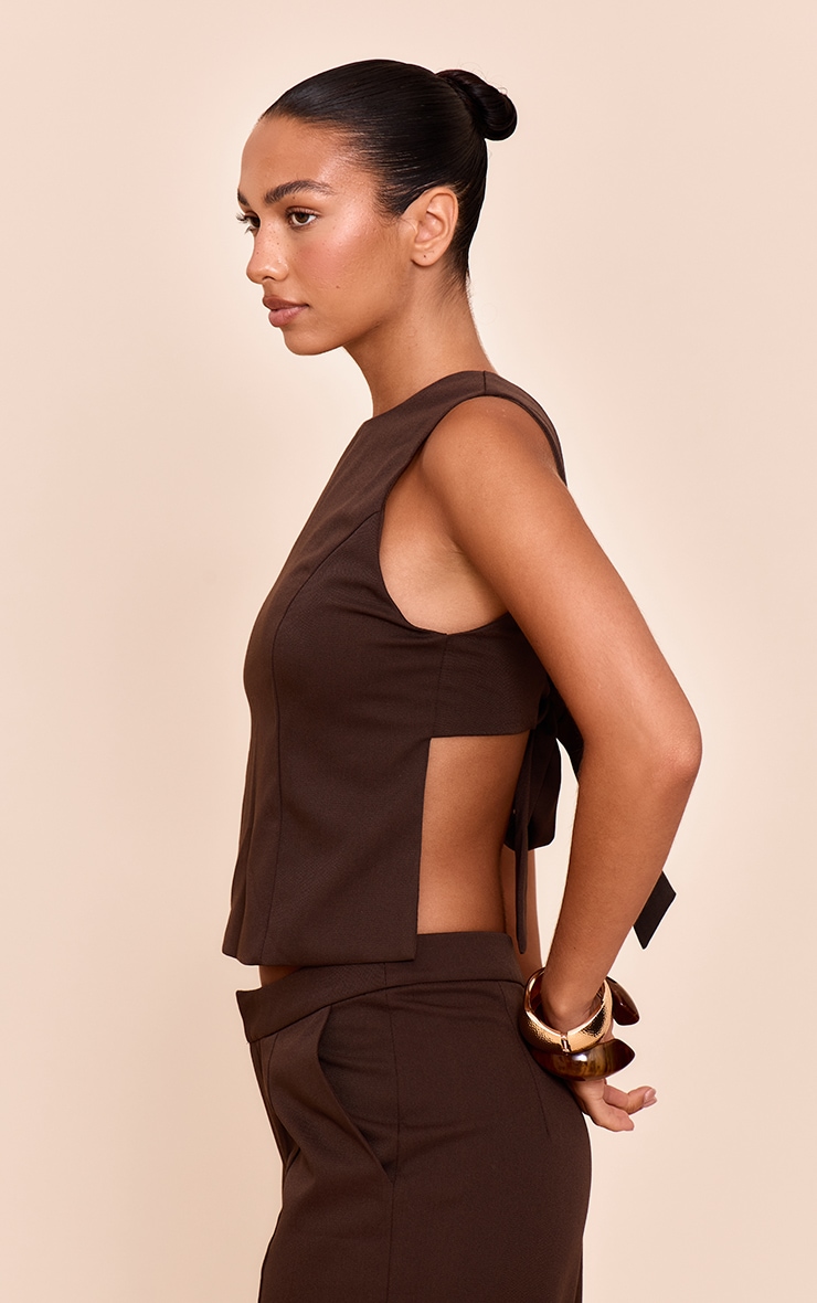 Dark Brown Woven Tie Back Top image 2