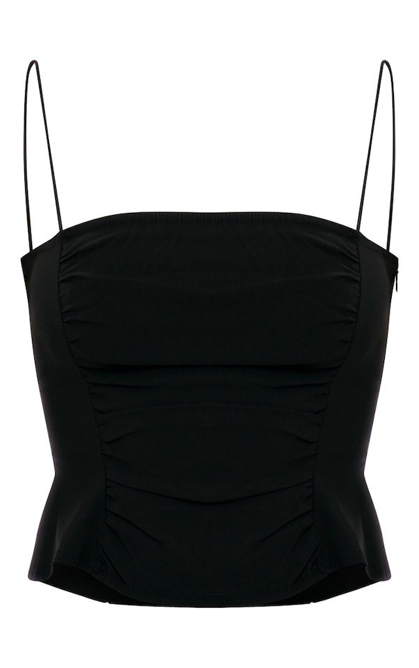 Black Stretch Woven Ruched Spaghetti Strap Corset PrettyLittleThing