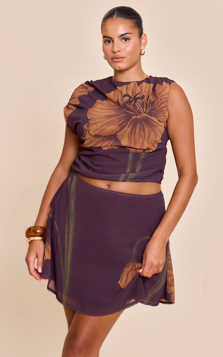 Plus Chocolate Chiffon High Waisted A-line Mini Skirt image 4