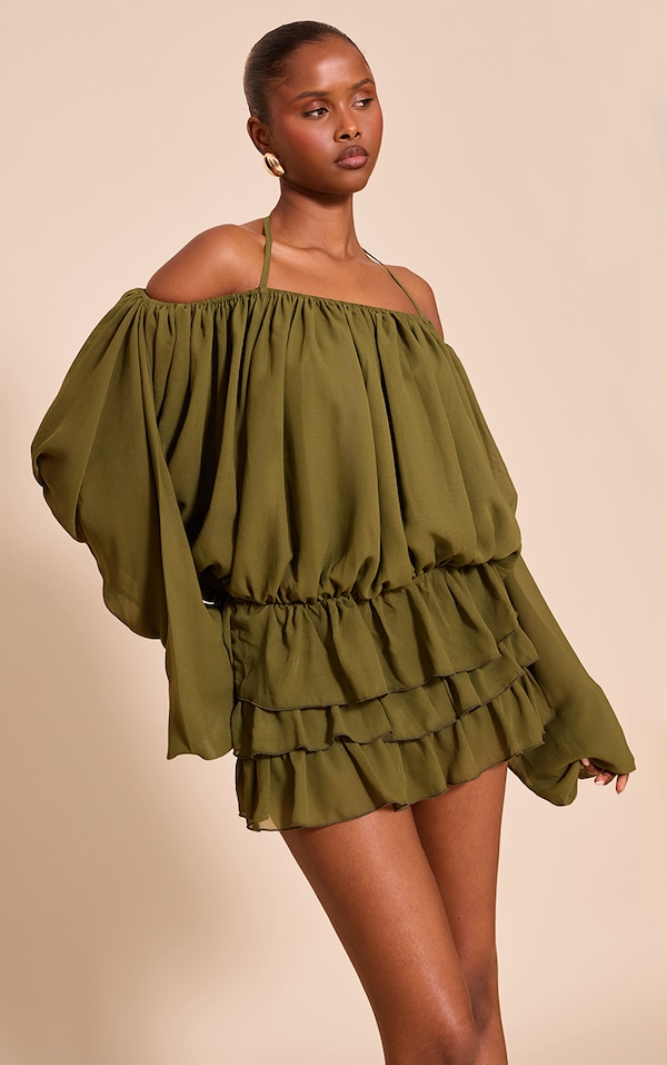 Khaki Chiffon Frill Detail Playsuit