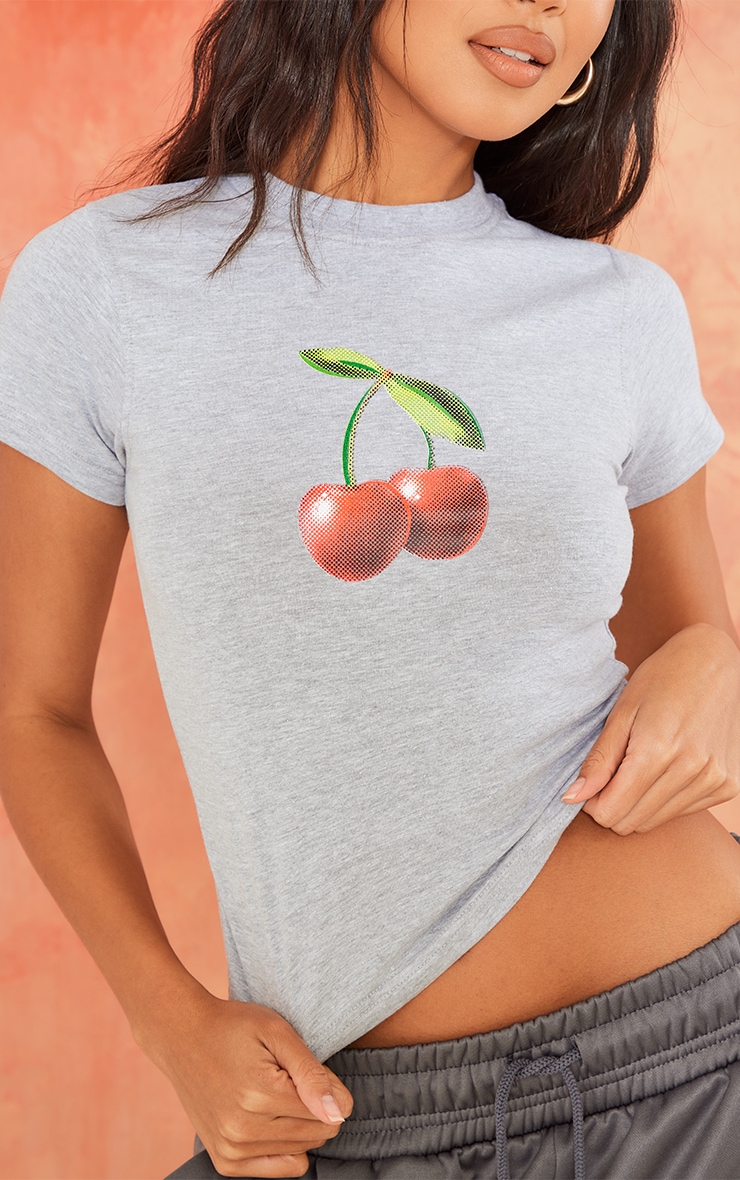 Grey Cherry Printed Fitted Long T Shirt image 4