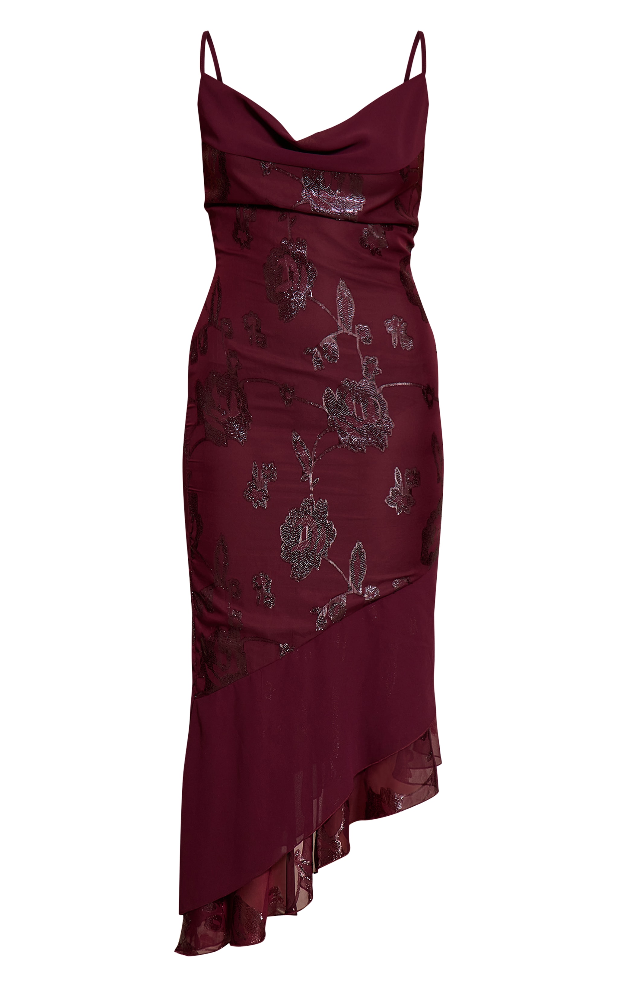 Robe mi-longue en mousseline de soie rouge vin fleurie image 5
