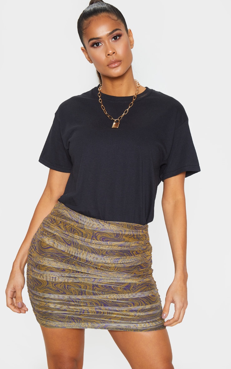 Mustard Geo Print Mesh Ruched Detail Mini Skirt