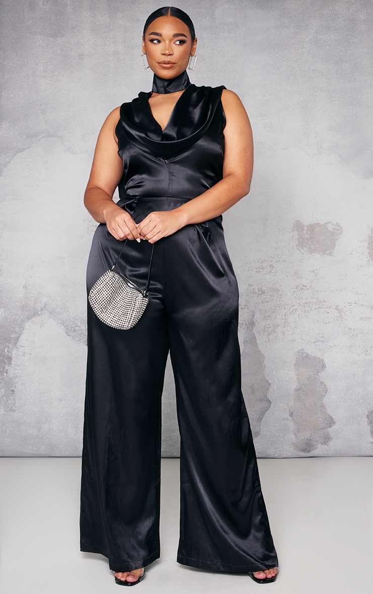 Plus Black Satin Cowl Neck Jumpsuit image 1