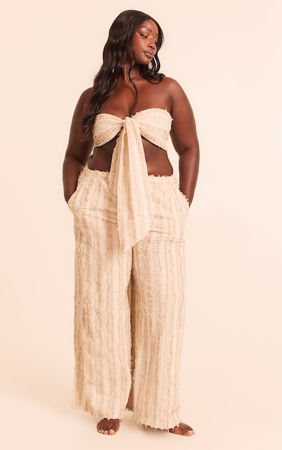 Plus Stone Frayed Linen Look Wide Leg Beach Pants