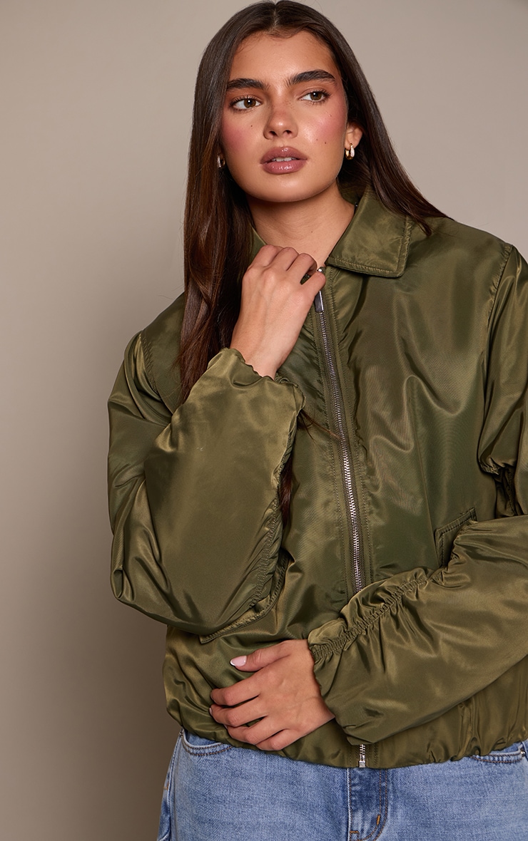 Olive Oversized Cocoon Sleeve Bomber Jacket image 4