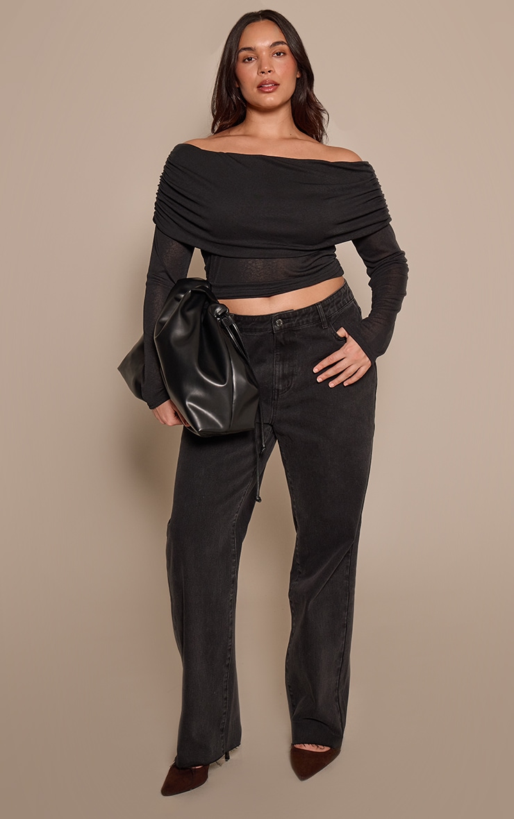 Plus Washed Black Mid Rise Stretch Barrel Jeans image 1