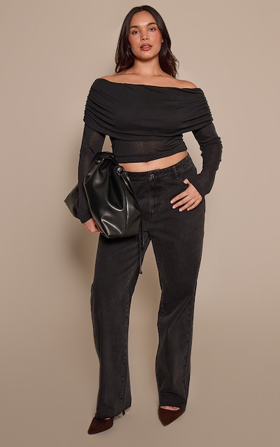 Plus Washed Black Mid Rise Stretch Barrel Jeans