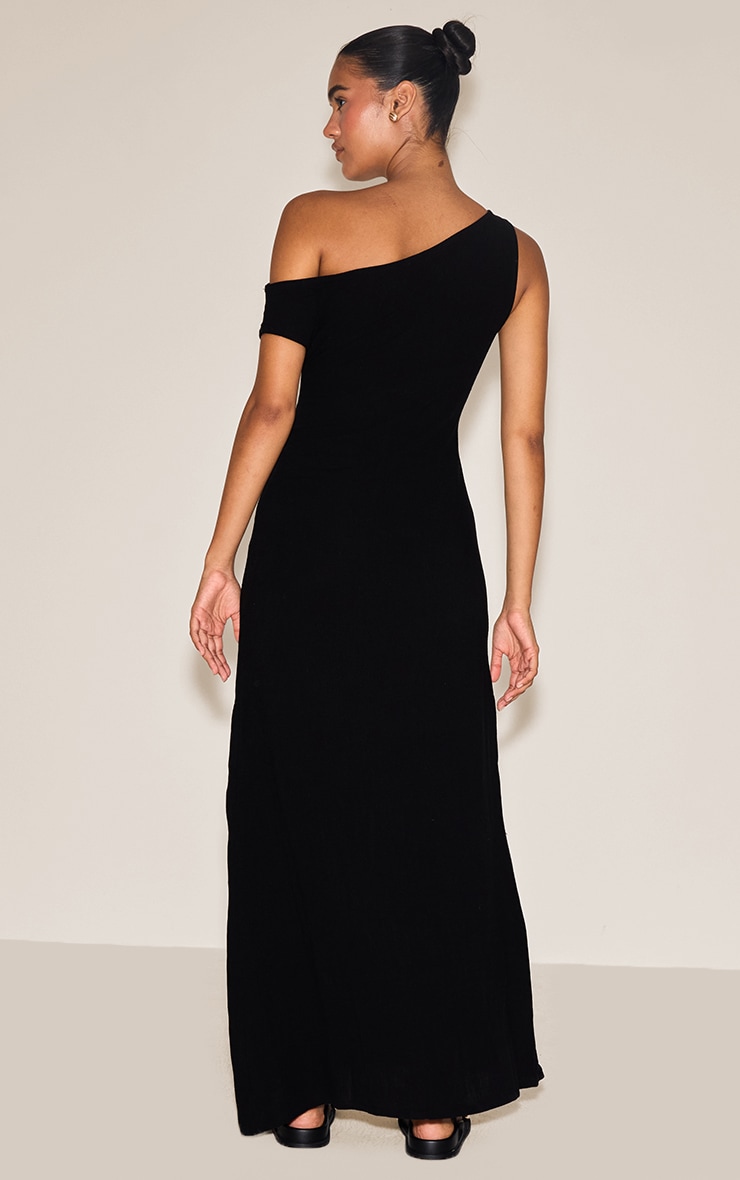 Robe longue asymétrique tissée texturée noire à épaule unique image 2