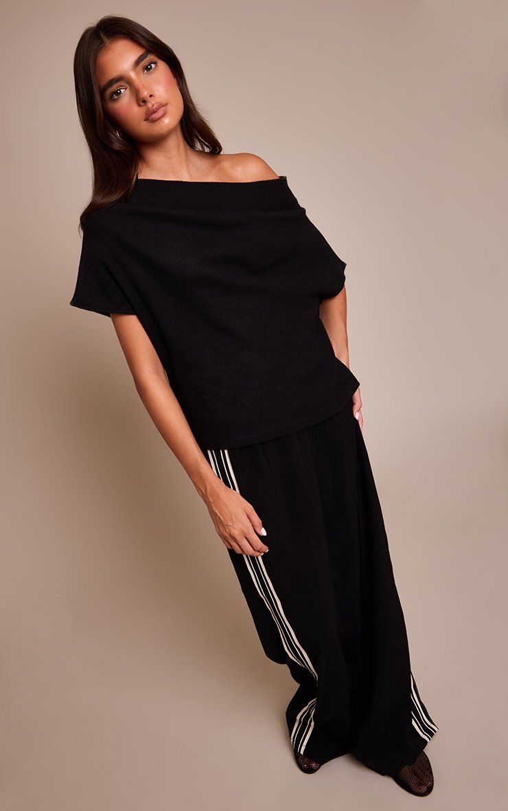 Black Heavy Brushed Rib One Shoulder Slouchy Top image 3