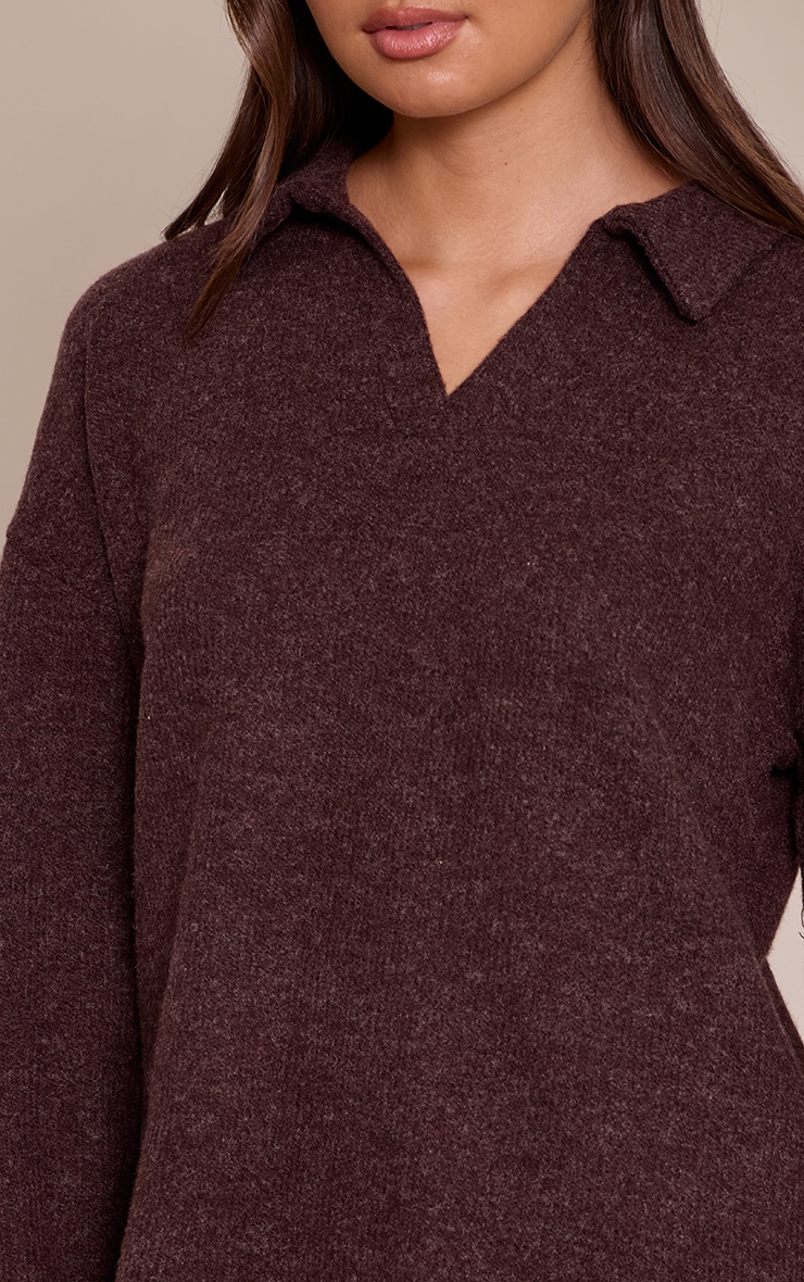 Brown Wool Rib Collar Detail Long Sleeve Slouchy Top  image 4