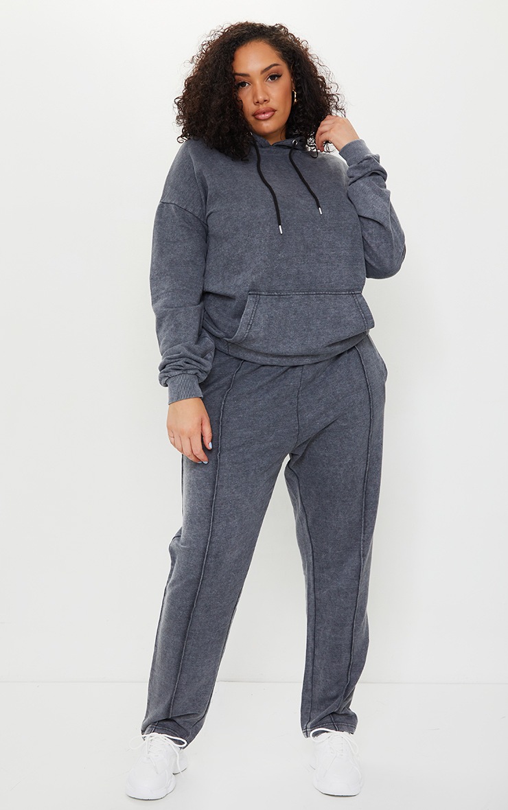 Plus Charcoal Acid Wash Seam Detail Wide Leg Track Pants