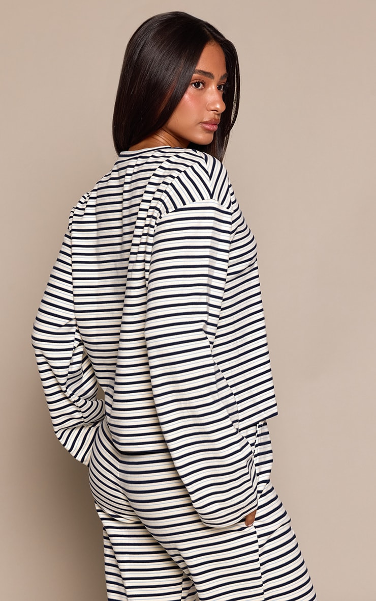 Petite Cream Stripe Soft Touch Cropped V Neck Top image 2