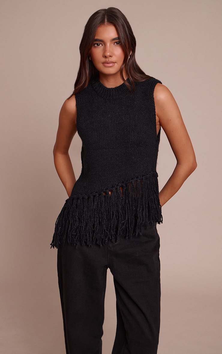Black Sleeveless Fringe Detail Jumper