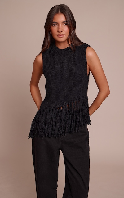 Pull noir sans manches à franges