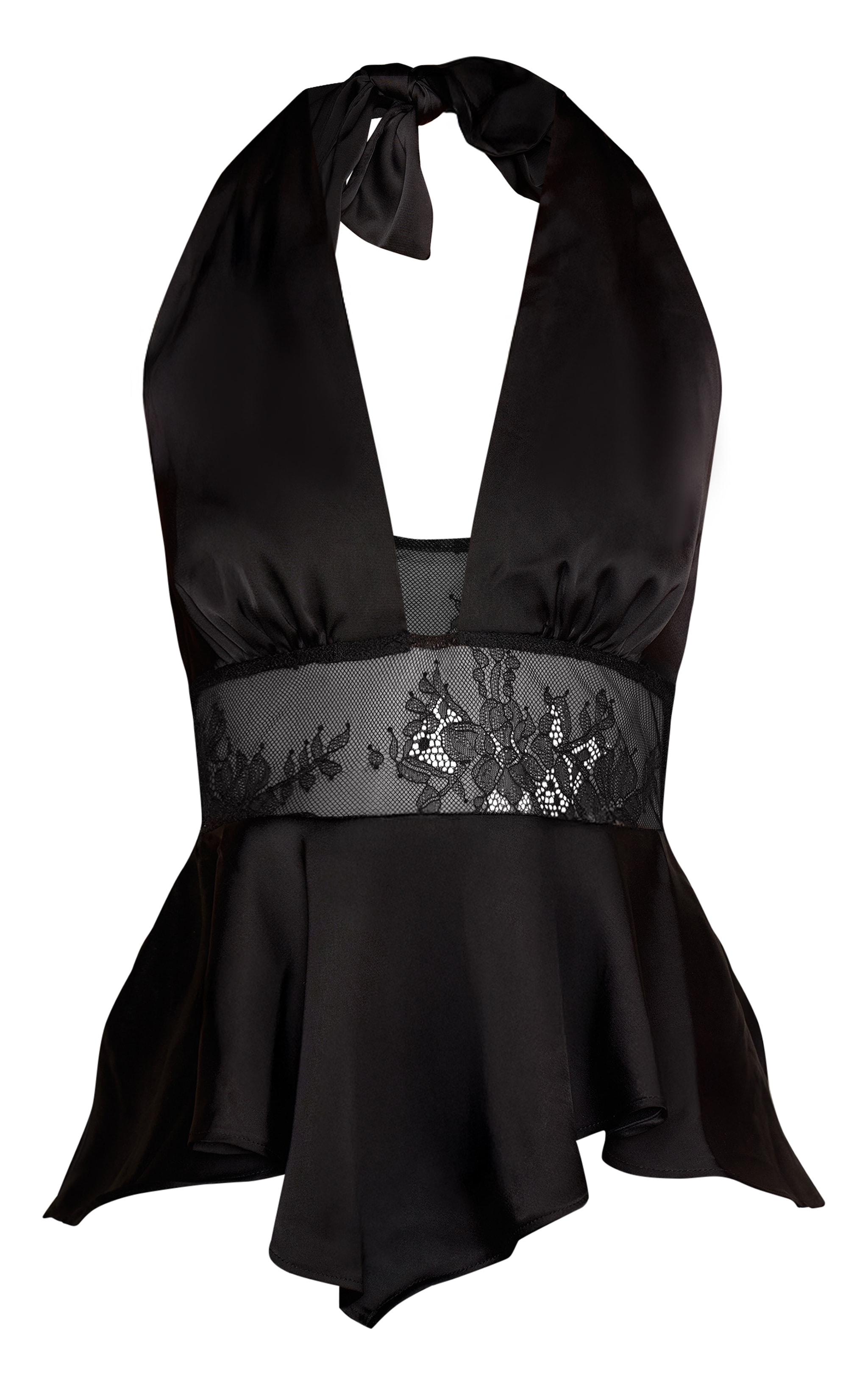 Black Satin Lace Plunge Halterneck Top image 5