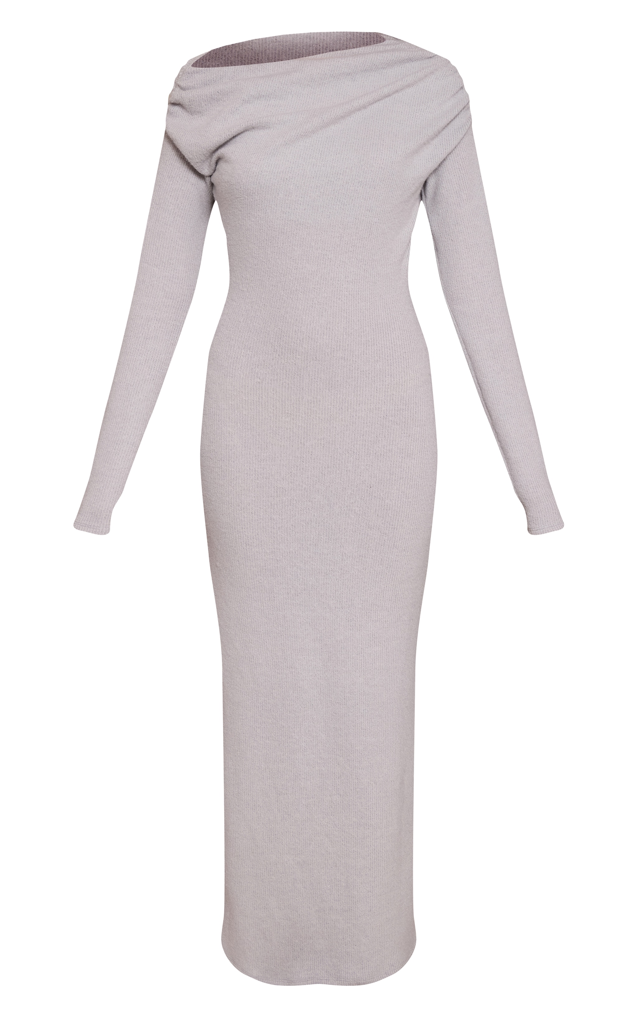 Robe mi-longue côtelée brossée gris clair froncée à manches longues image 5