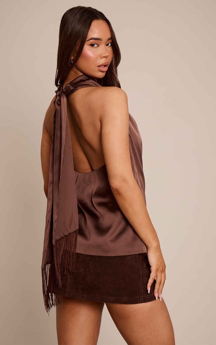 Chocolate Satin Fringe Detail Top image 2