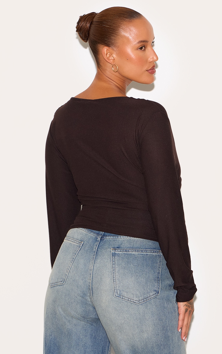 Plus Chocolate Soft Touch Ruched Long Sleeve Longline Top image 2