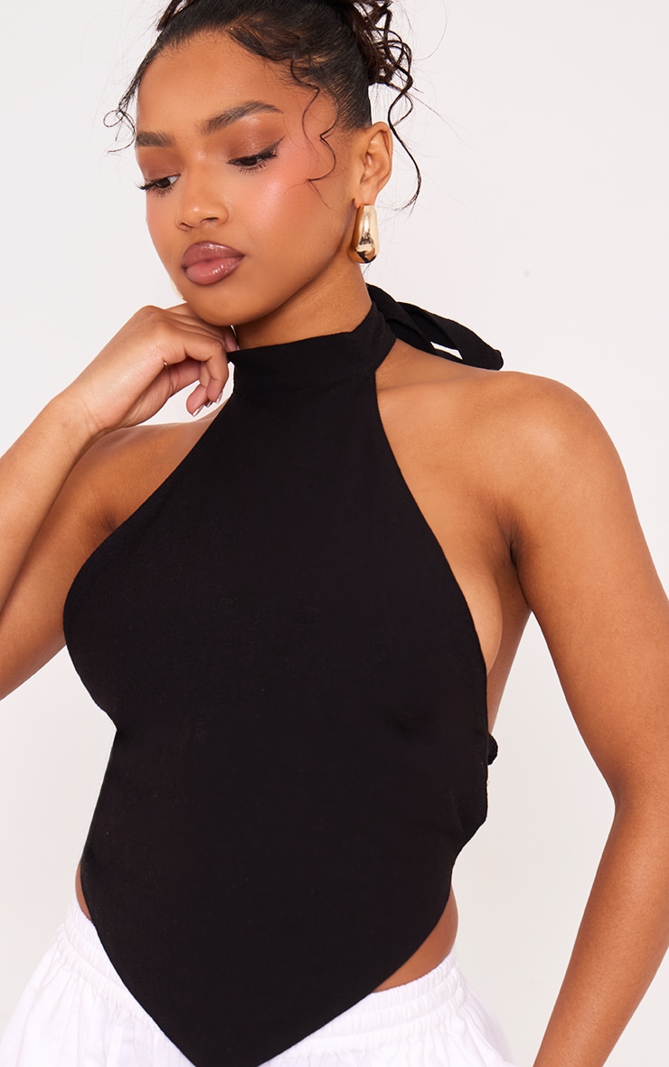 Black Linen High Neck Cut Out Back Pointed Cami Top image 4