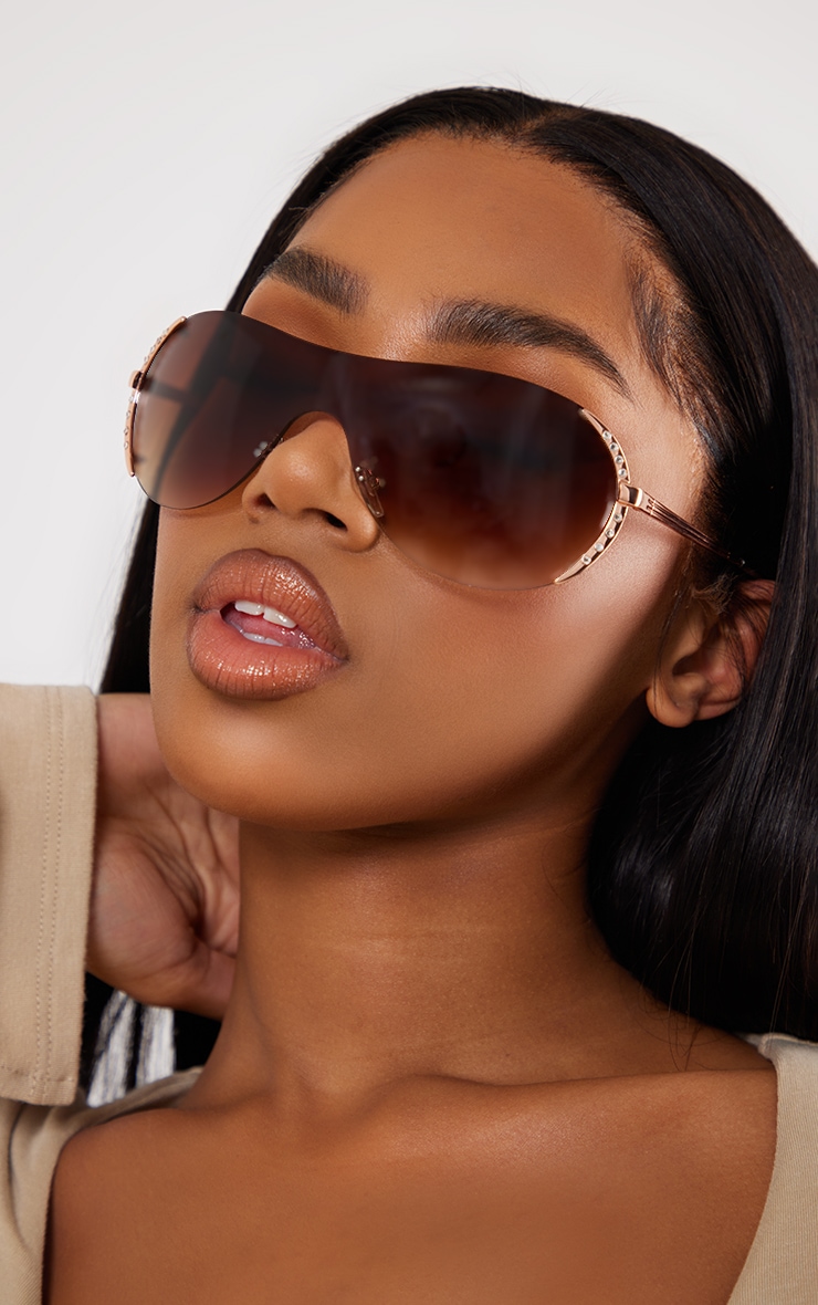 Brown Diamante Metal Outline Curved Visor Sunglasses