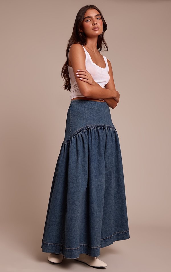 Vintage Denim Frill Detail Floaty Maxi Skirt