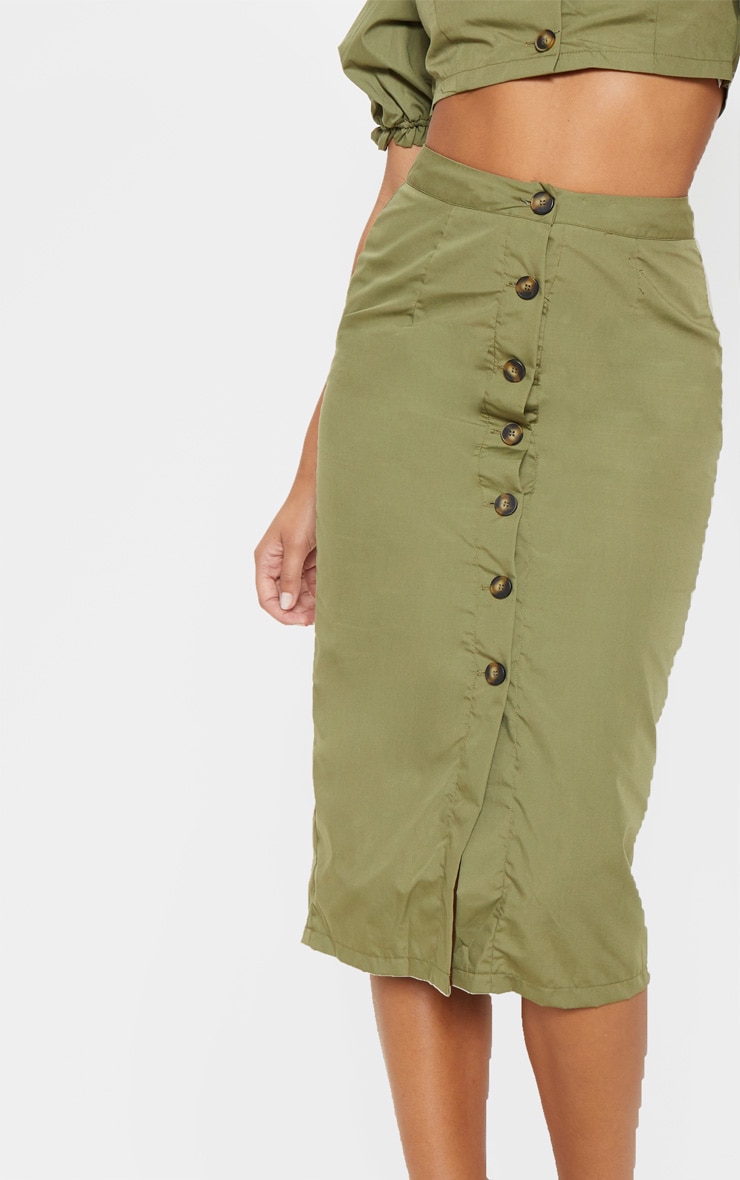 Khaki Tortoise Shell Button Front Midi Skirt image 4