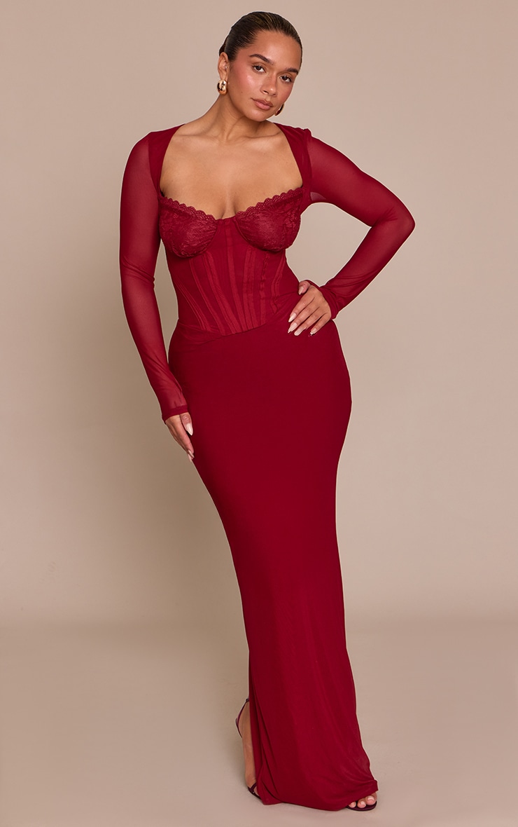 Shape Burgundy Mesh Lace Insert Corseted Maxi Dress image 3
