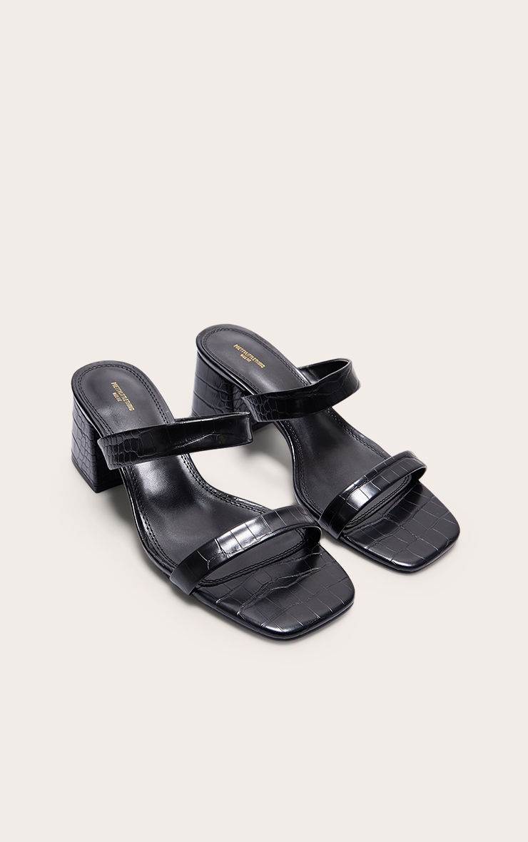 Black Croc Wide Fit Square Toe Block Heeled Mules | Footwear