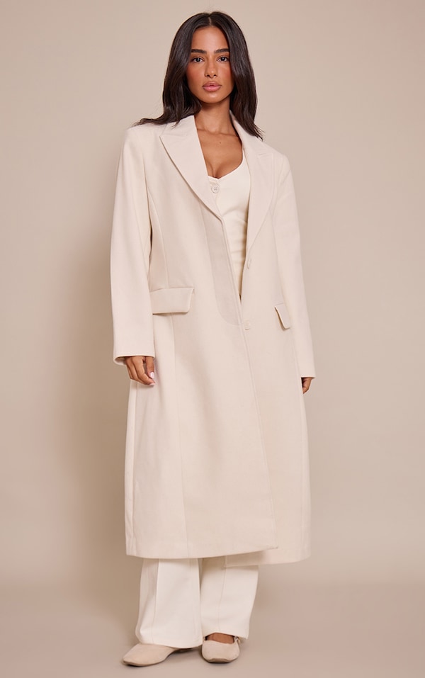 Petite Cream Single Breasted Seam Detail Wool Look Maxi Coat