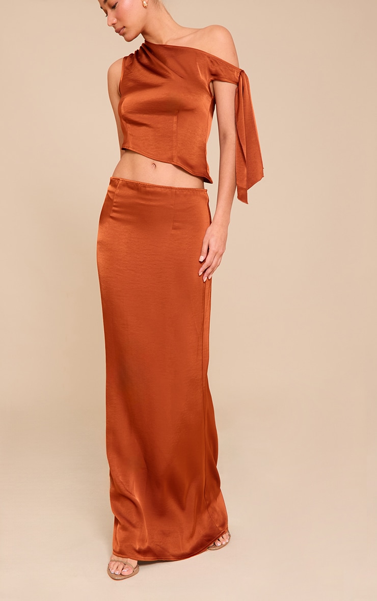 Rust Mid Rise Satin Maxi Skirt image 2