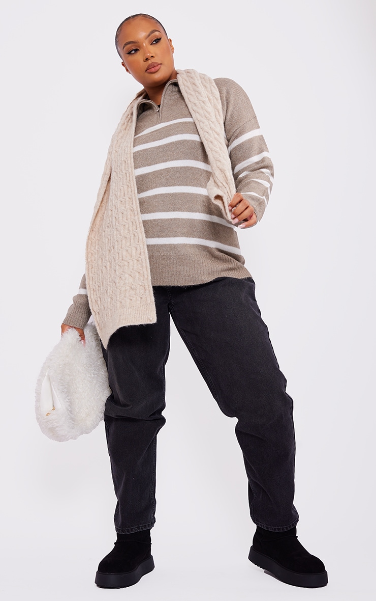 Plus Stone Knitted Slouchy Striped Half Zip Jumper image 3