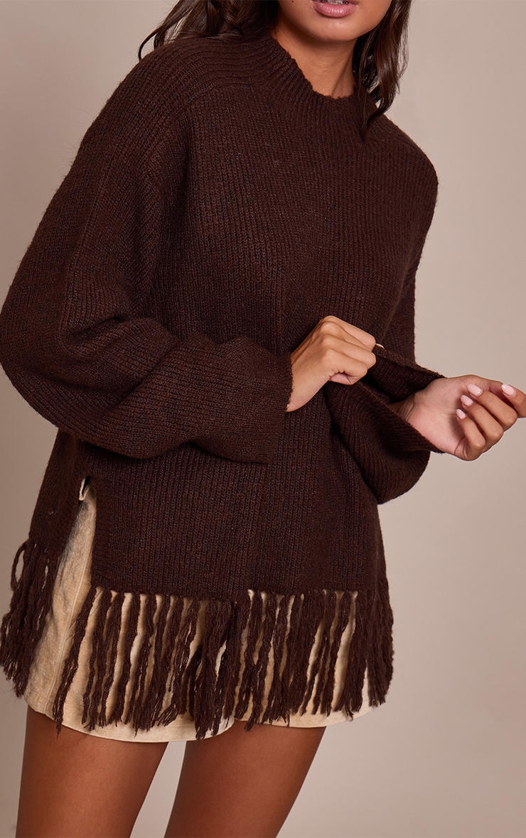 Chocolate Round Neck Fringe Hem Oversized Jumper image 4