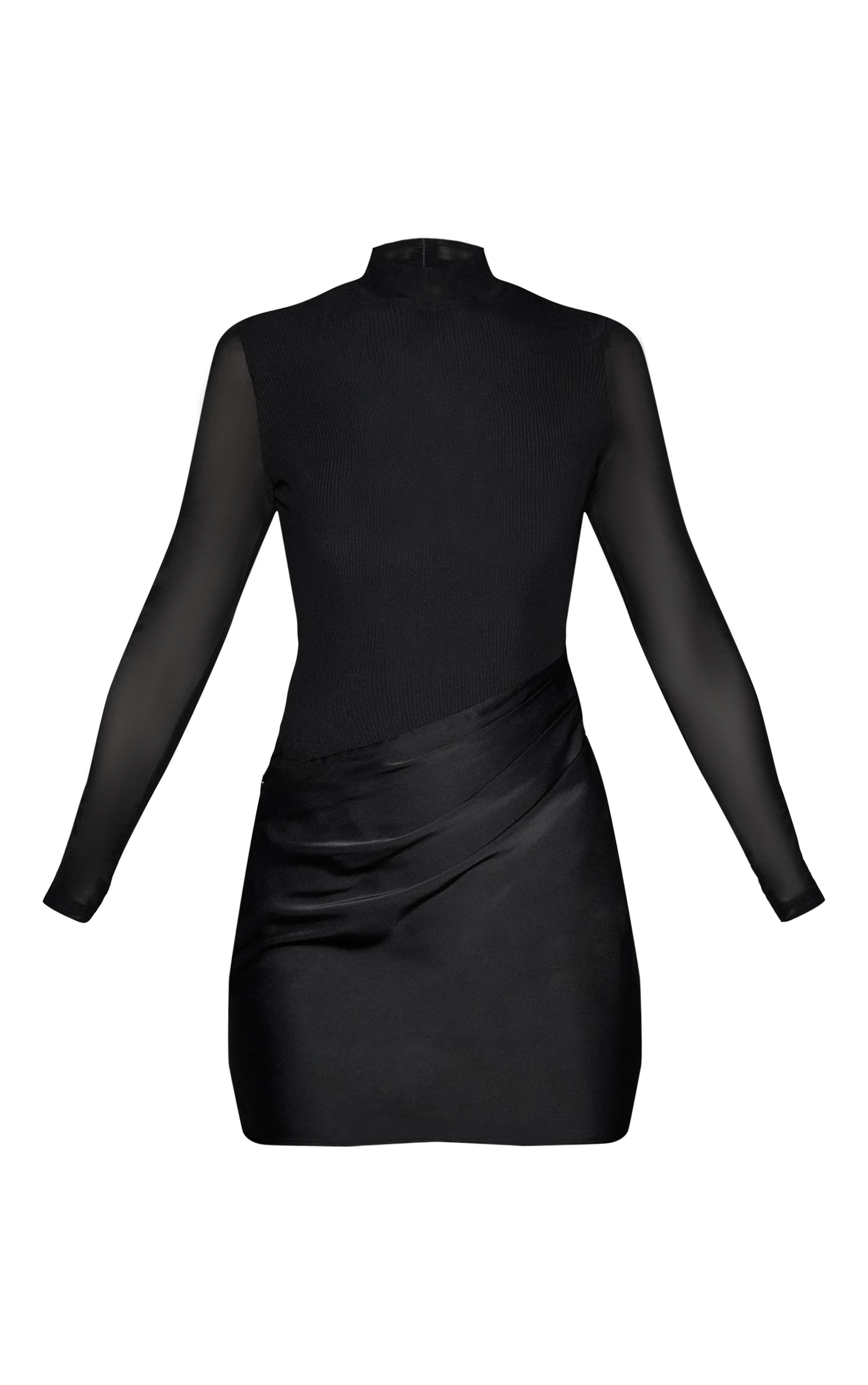 Black Mesh Long Sleeve Draped Mini Dress image 5