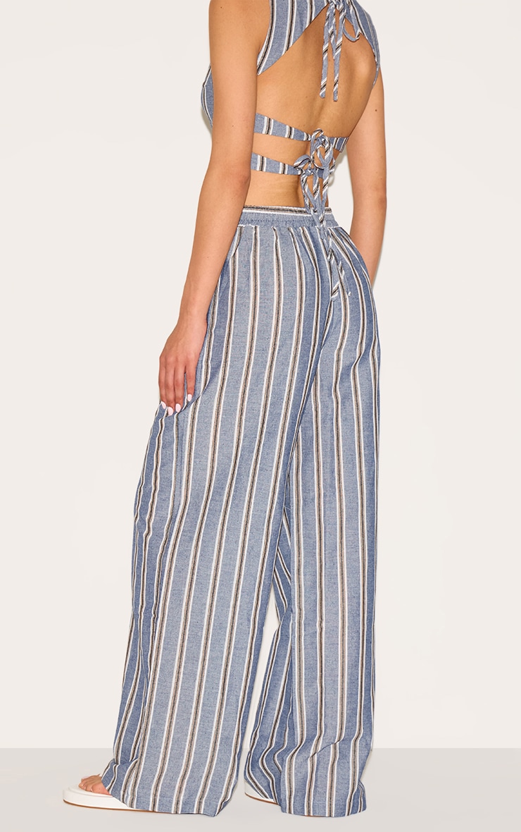 Tall Blue Linen Look Striped Wide Leg Pants image 3