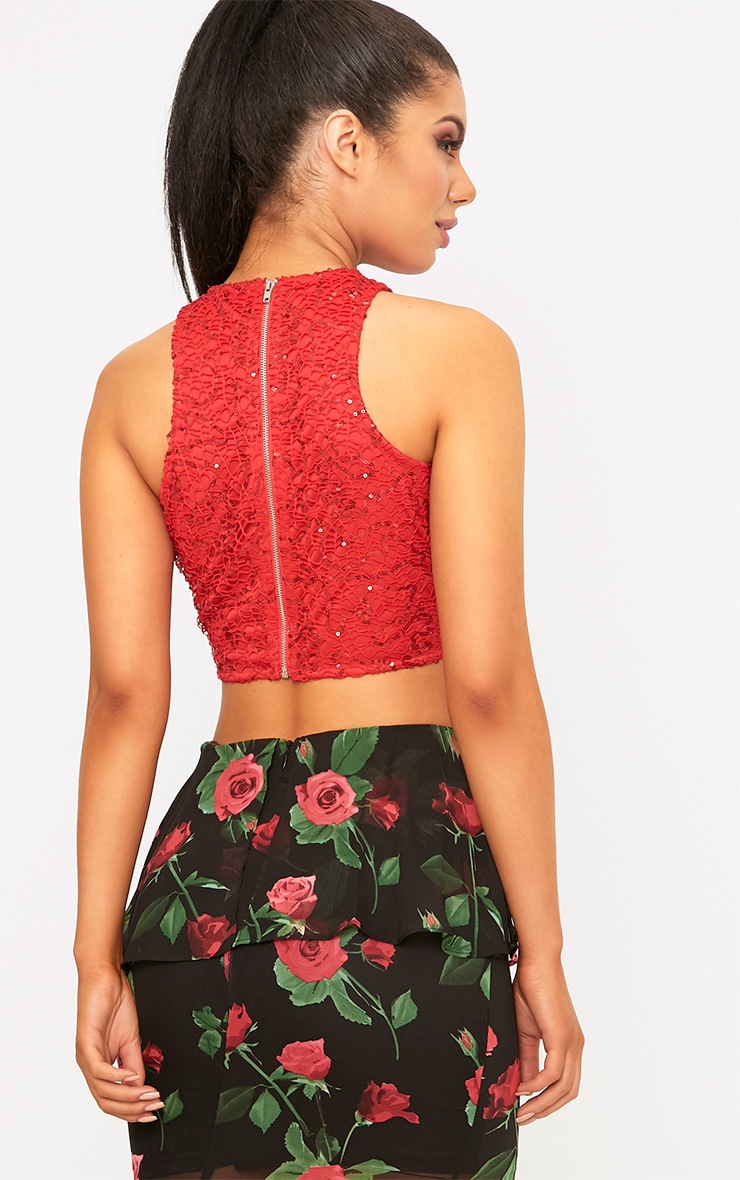 Adreana Red Sequin Lace Crop Top. Tops PrettyLittleThing USA